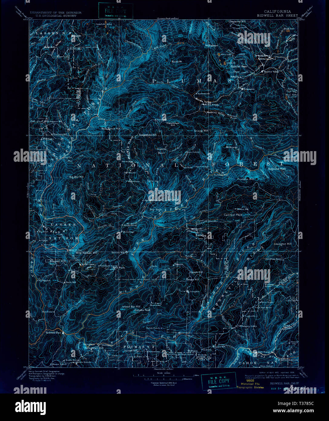 USGS TOPO Map California CA Bidwell Bar 299211 1897 125000 Inverted Restoration Stock Photo