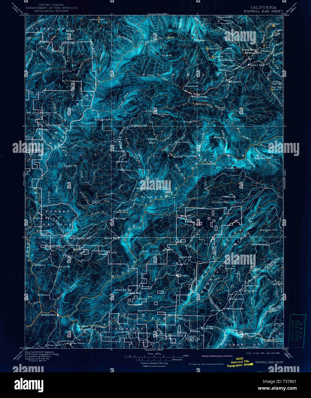 USGS TOPO Map California CA Bidwell Bar 299213 1897 125000 Inverted Restoration Stock Photo