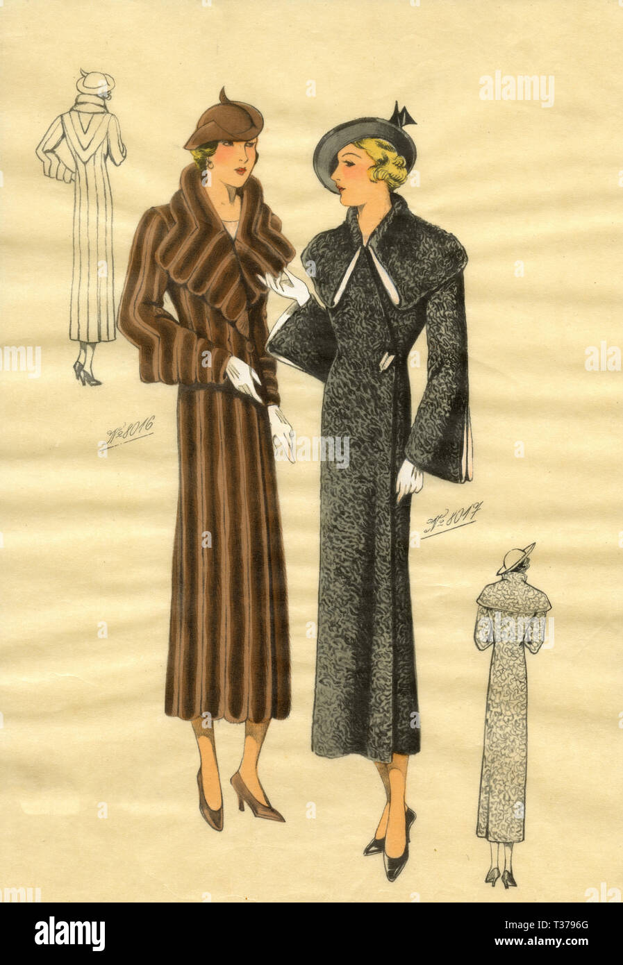 French vintage fashion sketch, Woman coats 1930s Stock Photo