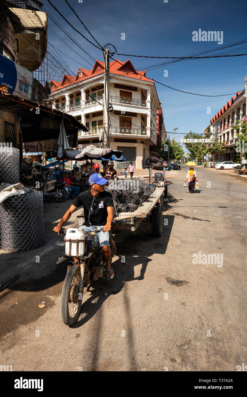 Cambodia, Kampong (Kompong) Cham, town centre, moto-remork loaded with metal goods from hardware shop Stock Photo