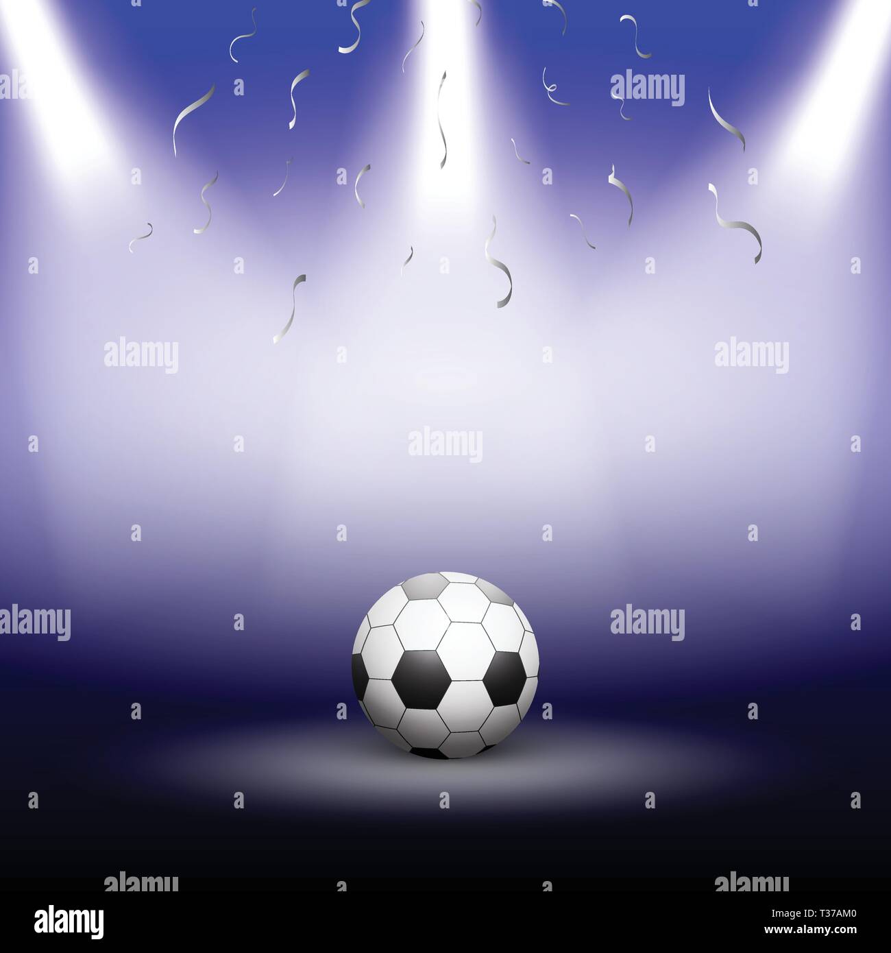 Festive sport design in blue color, with silver confetti. Illuminated football under the spot rays of light. Creative dark background. Stock Vector