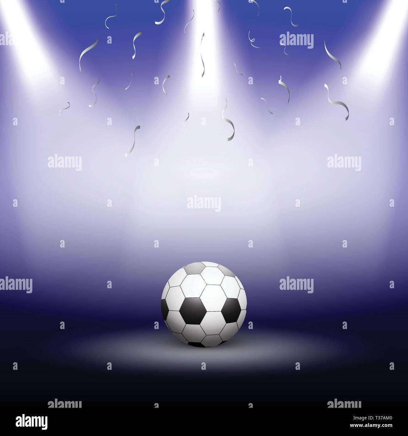 Festive sport design in blue color, with silver confetti. Illuminated football under the spot