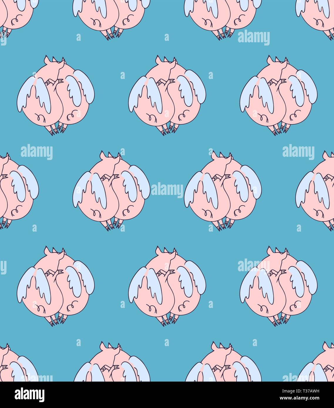 Vector seamless pattern of cartoon pigs angels flying on white background. Pink pigs couple in love Stock Vector