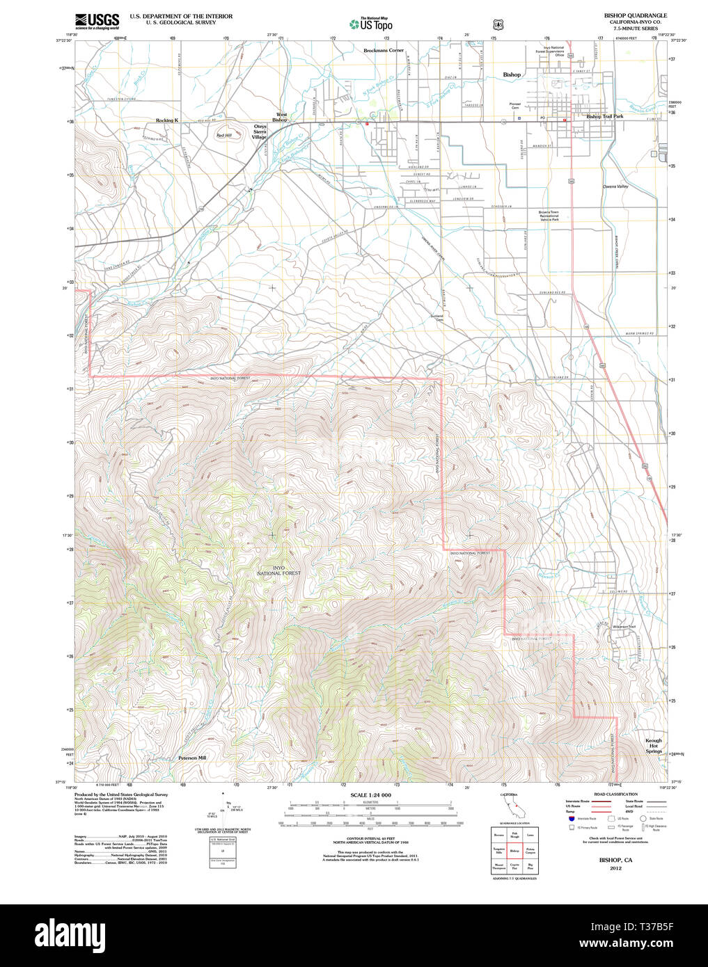 USGS TOPO Map California CA Bishop 20120327 TM Restoration Stock Photo