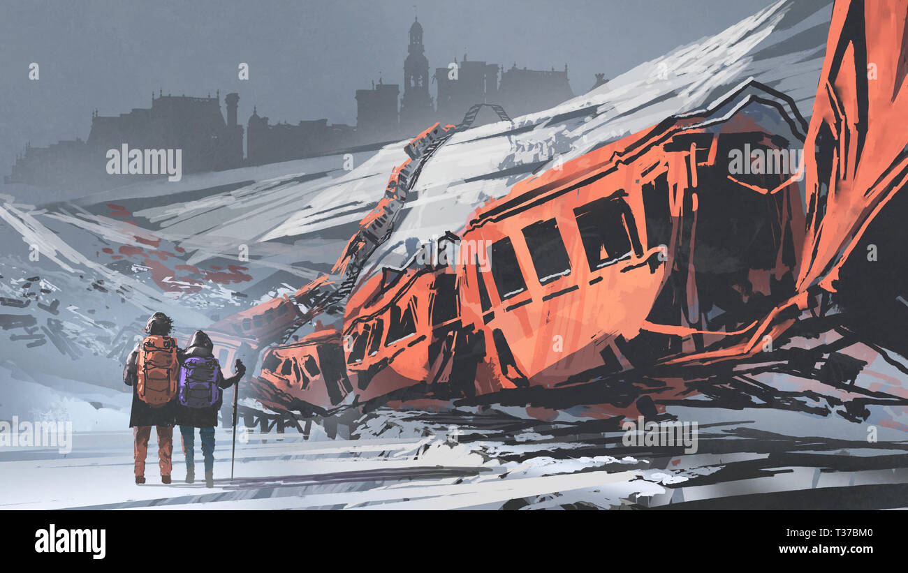 two hikers walking through a train wrecked in snow mountain, digital art style, illustration painting Stock Photo