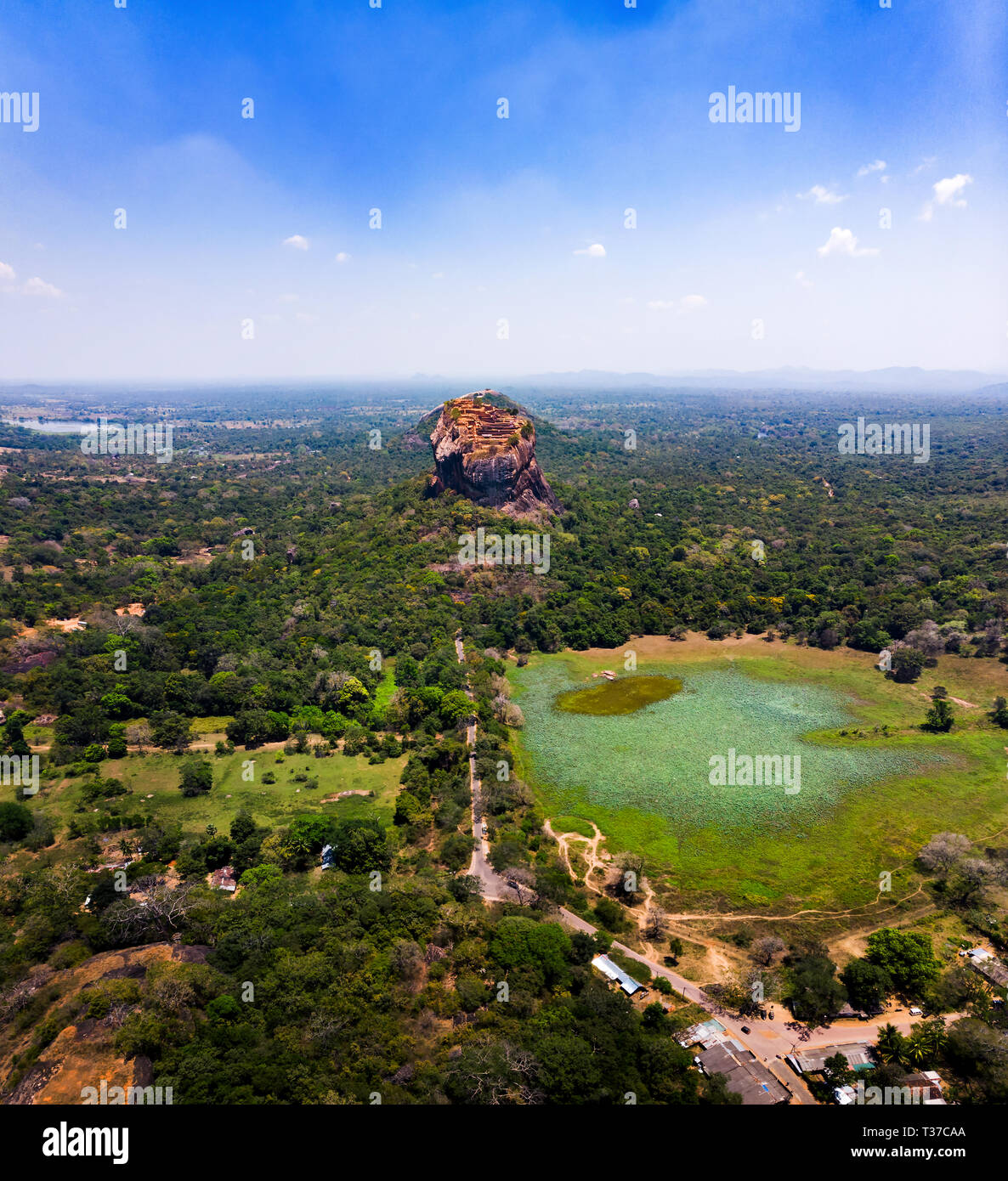 Sigiriya ancient rock fortress in Central Province of Sri Lanka aerial view Stock Photo