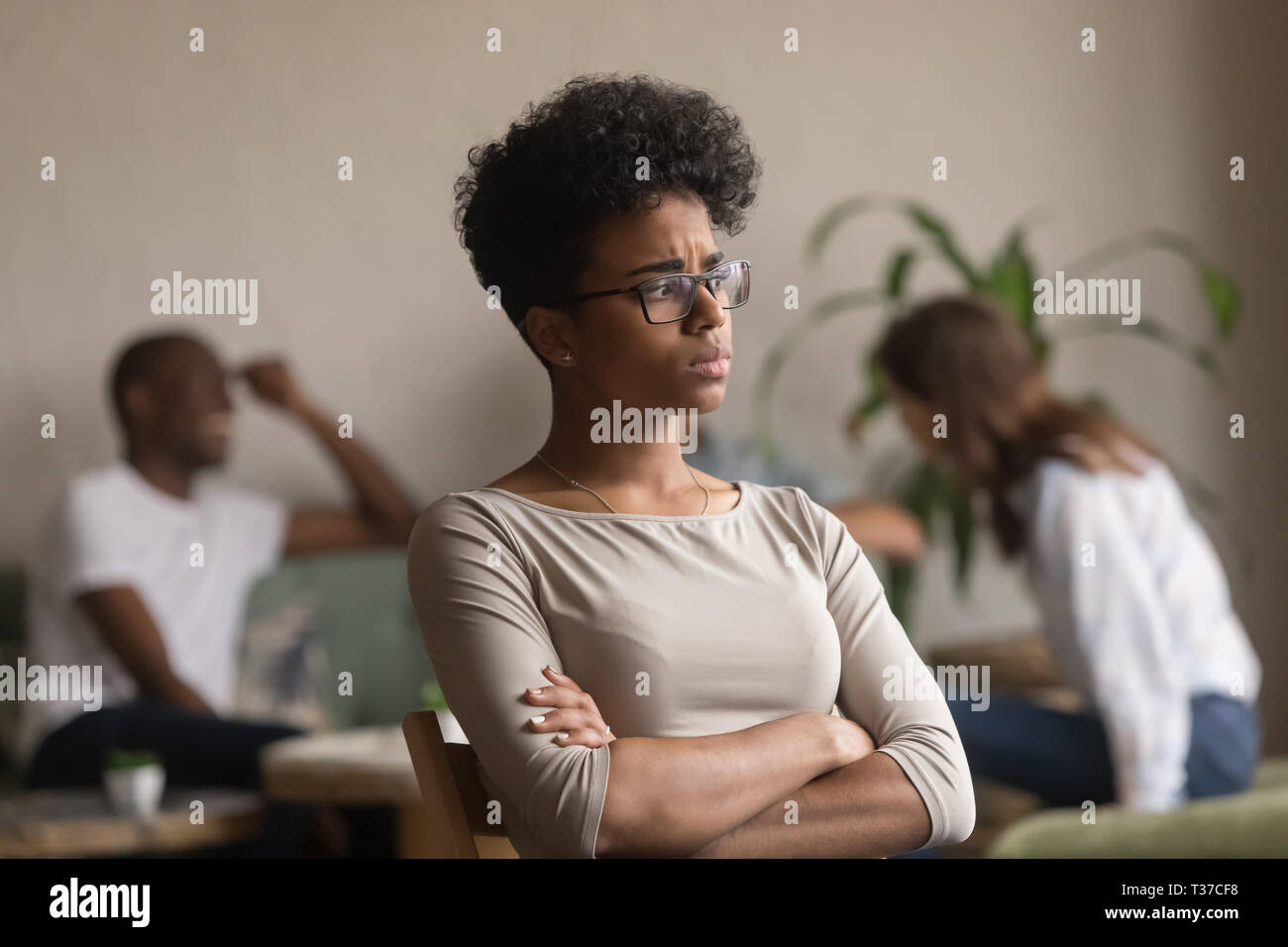 Upset african american student outcast bully victim suffer from discrimination Stock Photo