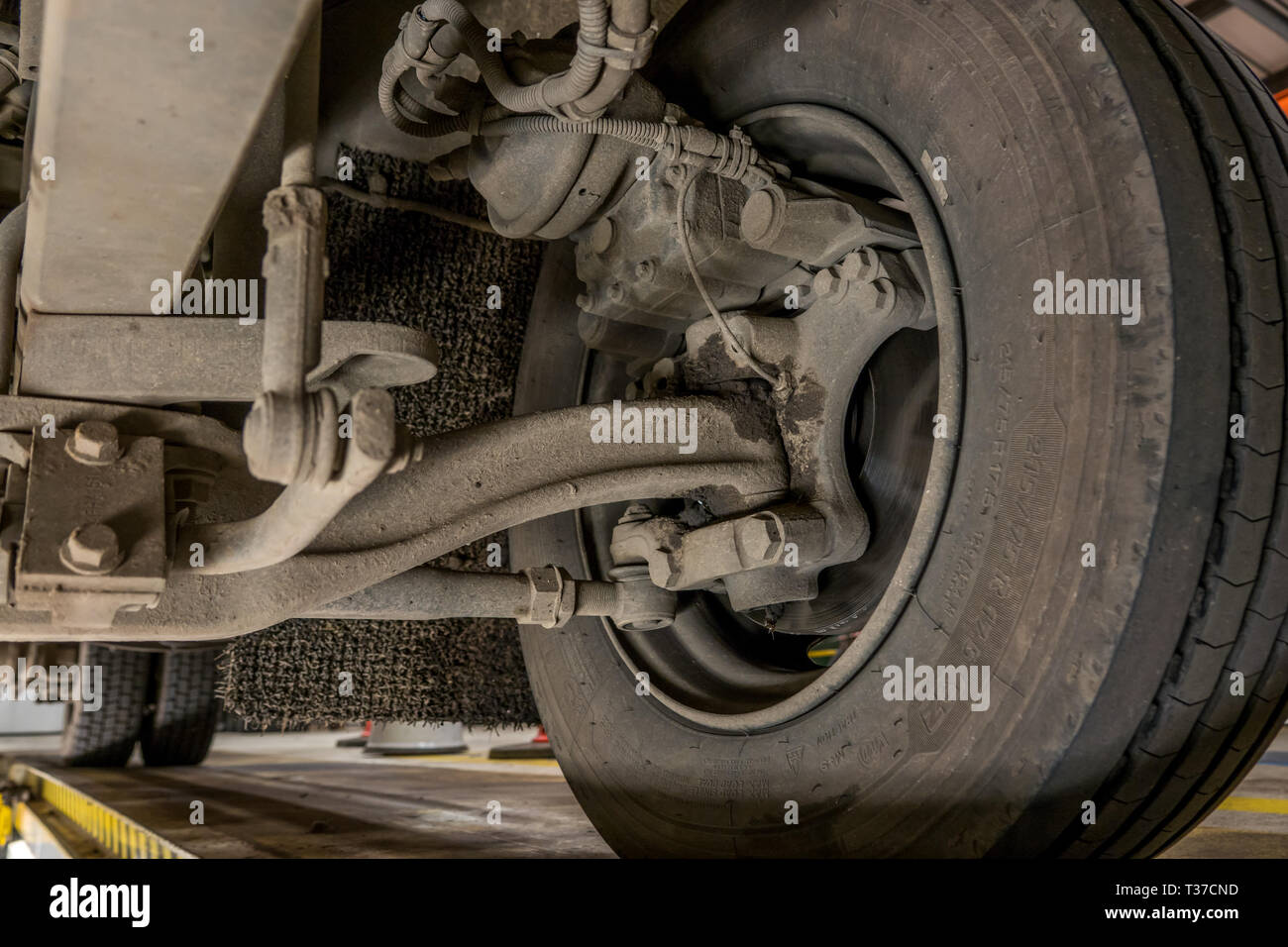 View of disc brakes,suspension and steering joints on a small truck