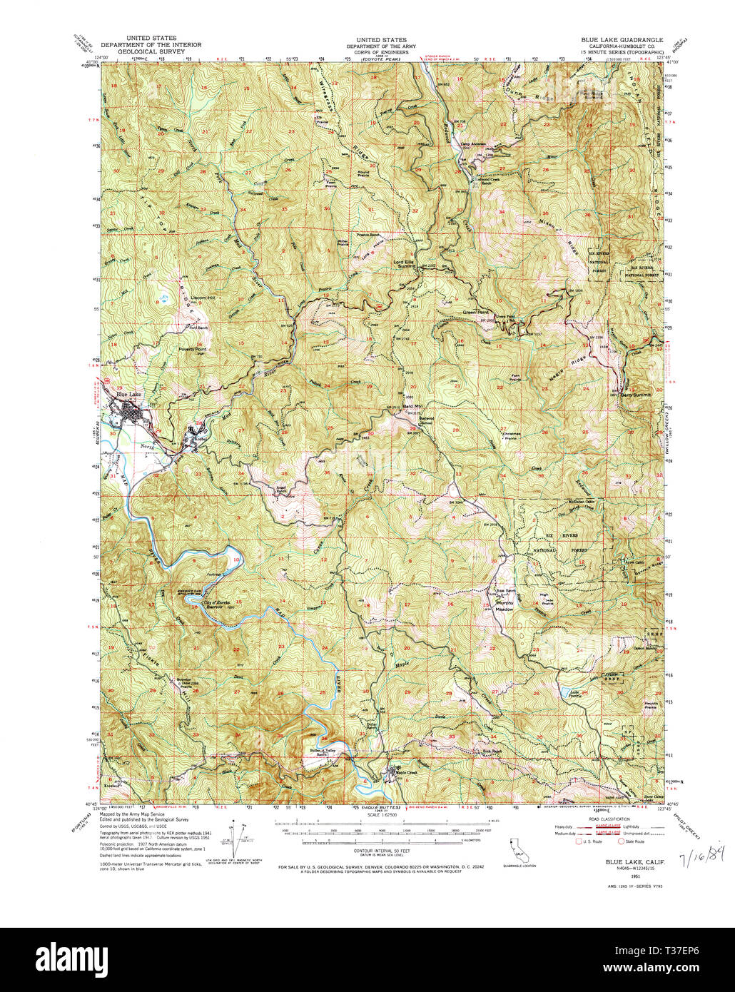 USGS TOPO Map California CA Blue Lake 296849 1951 62500 Restoration Stock Photo