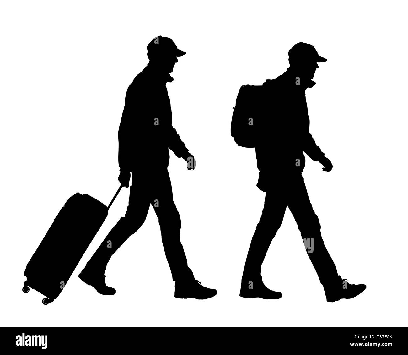 Realistic silhouette of walking man tourist with backpack and suitcase. Cap on head. Isolated on white background - vector Stock Vector