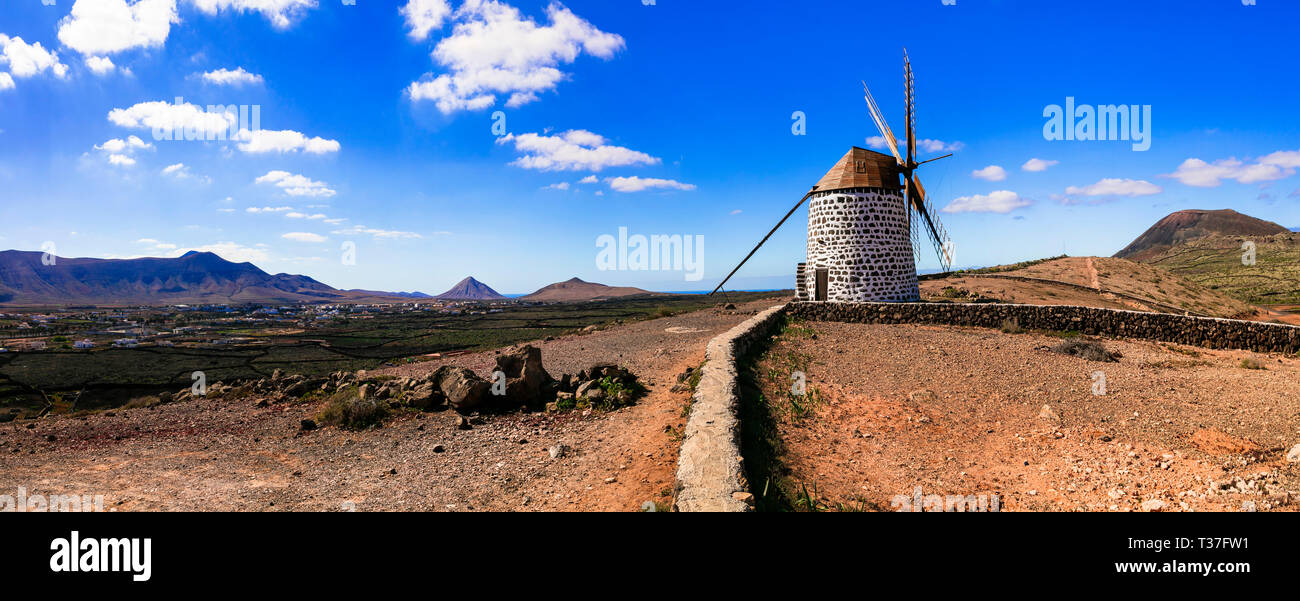 Traditional windmill in Fuerteventura island,La Oliva village,Spain. Stock Photo