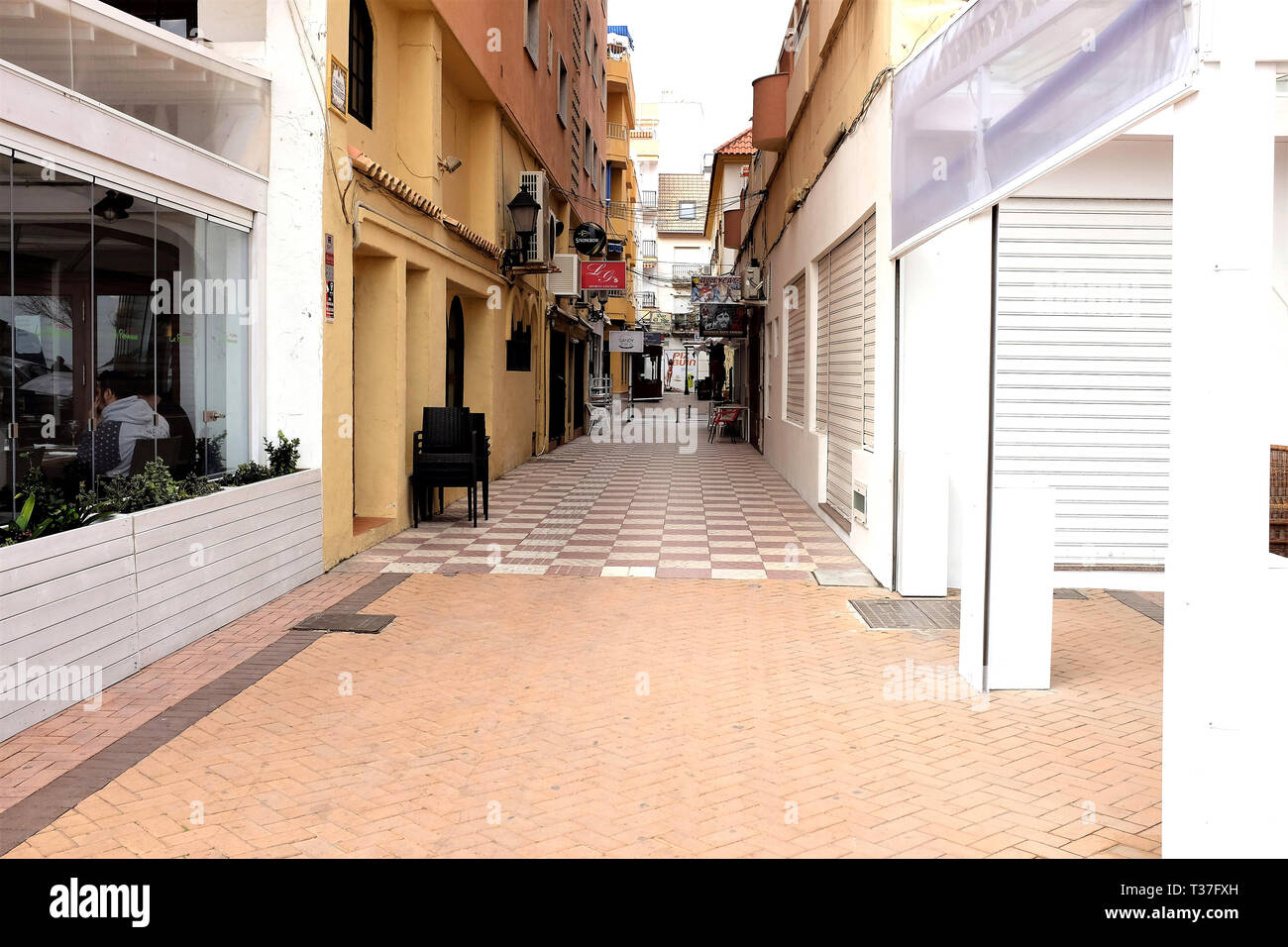 Fuengirola, Costa del Sol, Spain. March 29, 2019. Tourist attraction Manolo Fermandez alley with bars and shops at Fuengirola on the Costa del Sol. Stock Photo