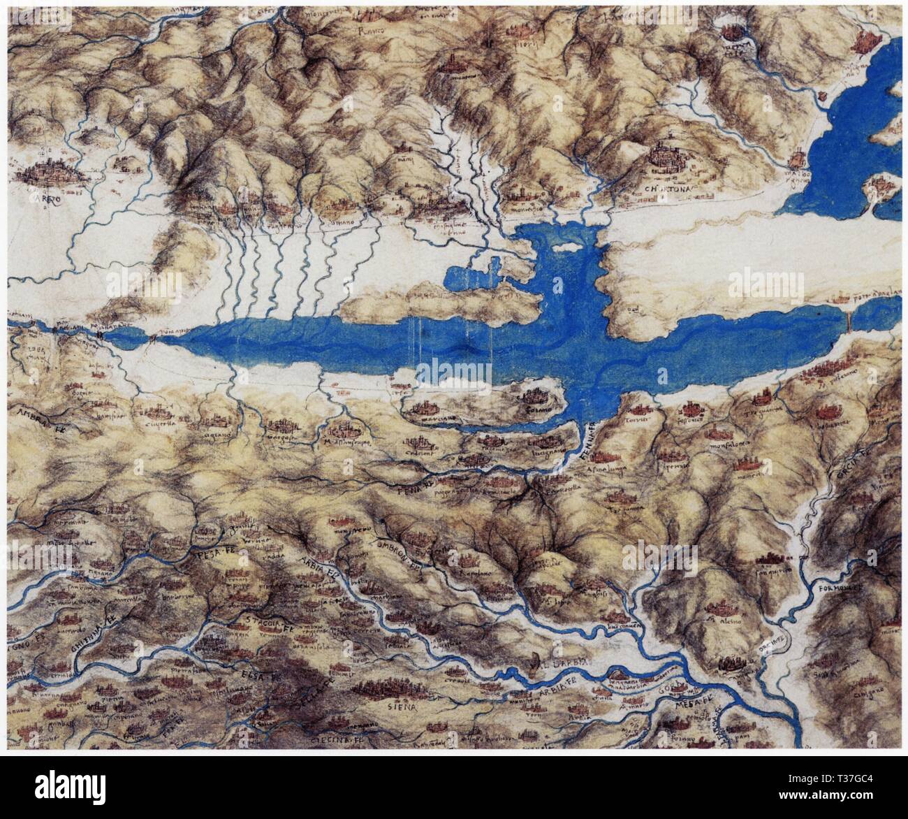 LEONARDO DA VINCI.BIRD'SEYE VIEW OF A LANDSCAPE.1502.PEN,INK AND