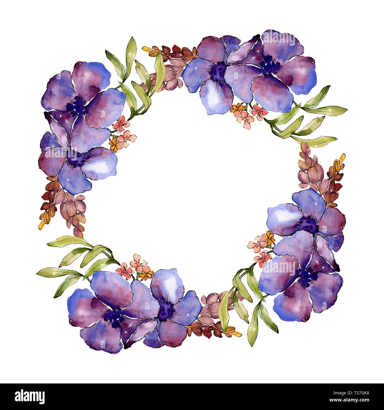 Blue purple bouquet floral botanical flowers. Watercolor background