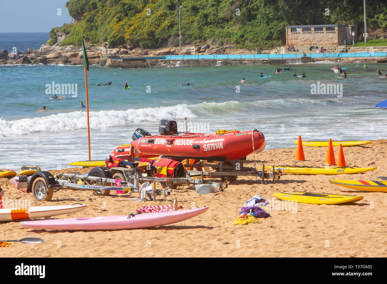 Palm Beach Sydney, Surf rescue equipment and dinghy boat on Palm beach in Sydney,Australia Stock Photo