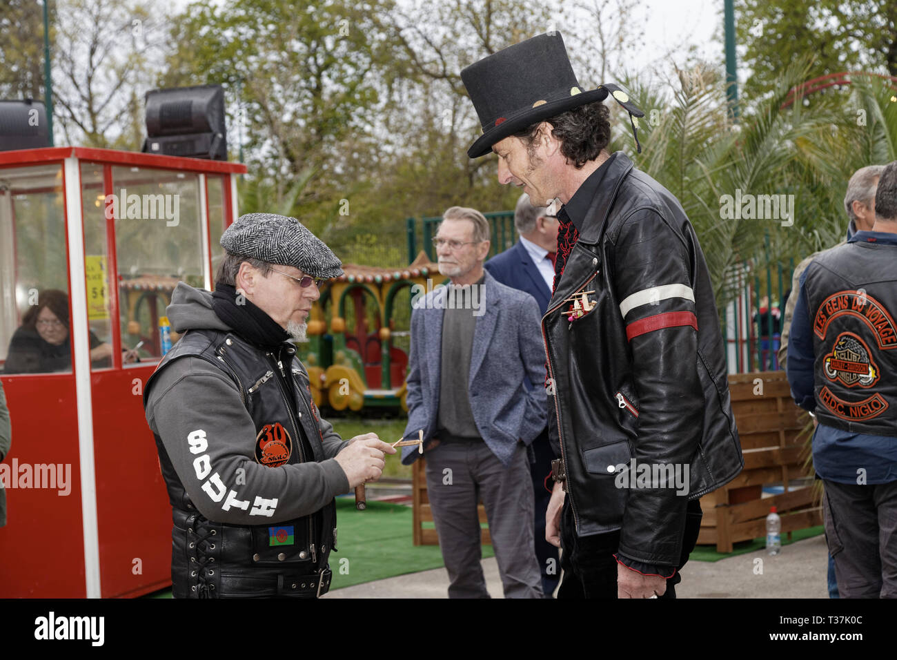 Paris, France, 5th April 2019. Pascal Fousset and a biker attend the Inauguration of the Fair of Trone 2019 at the lawn of Reuilly on April 5, 2019 Stock Photo
