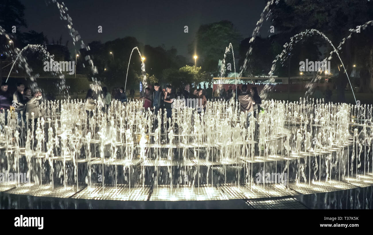 night shot of the dream maze fountain in lima peru Stock Photo