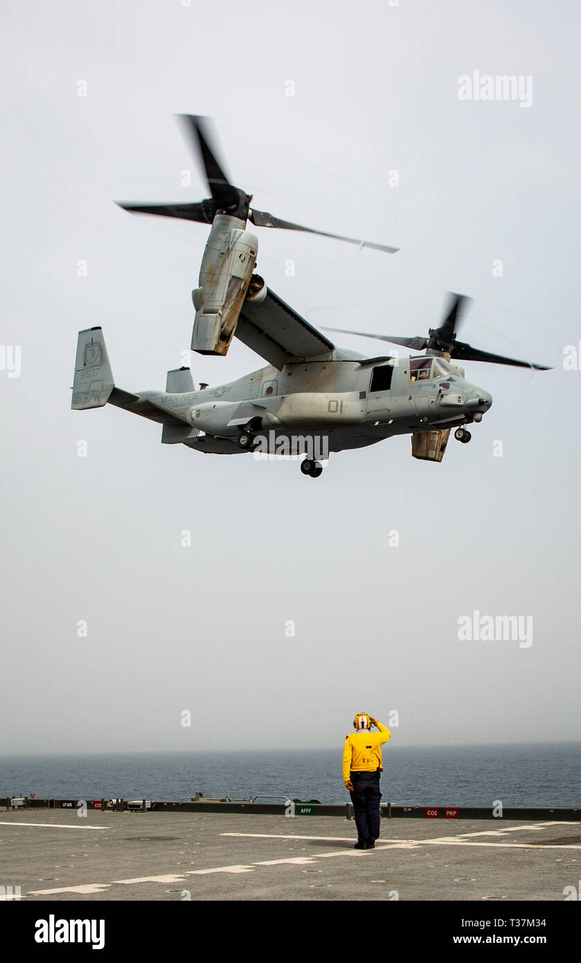 U.S. Navy Sailor Petty Officer 1st Class Roy Brown, an aviation boatswain's mate aboard the USS Lewis B. Puller (ESB 3), directs an MV-22B Osprey flown by U.S. Marines attached to Special Purpose Marine Air Ground Task Force Crisis Response-Central Command, during a deck landing qualification exercise in the Arabian Gulf, March 24, 2019. A Marine Air Ground Task Force is specifically designed to be capable of deploying aviation, ground, and logistics forces forward at a moment’s notice. (U.S. Marine Corps photo by Lance Cpl. Mackenzie Binion) Stock Photo