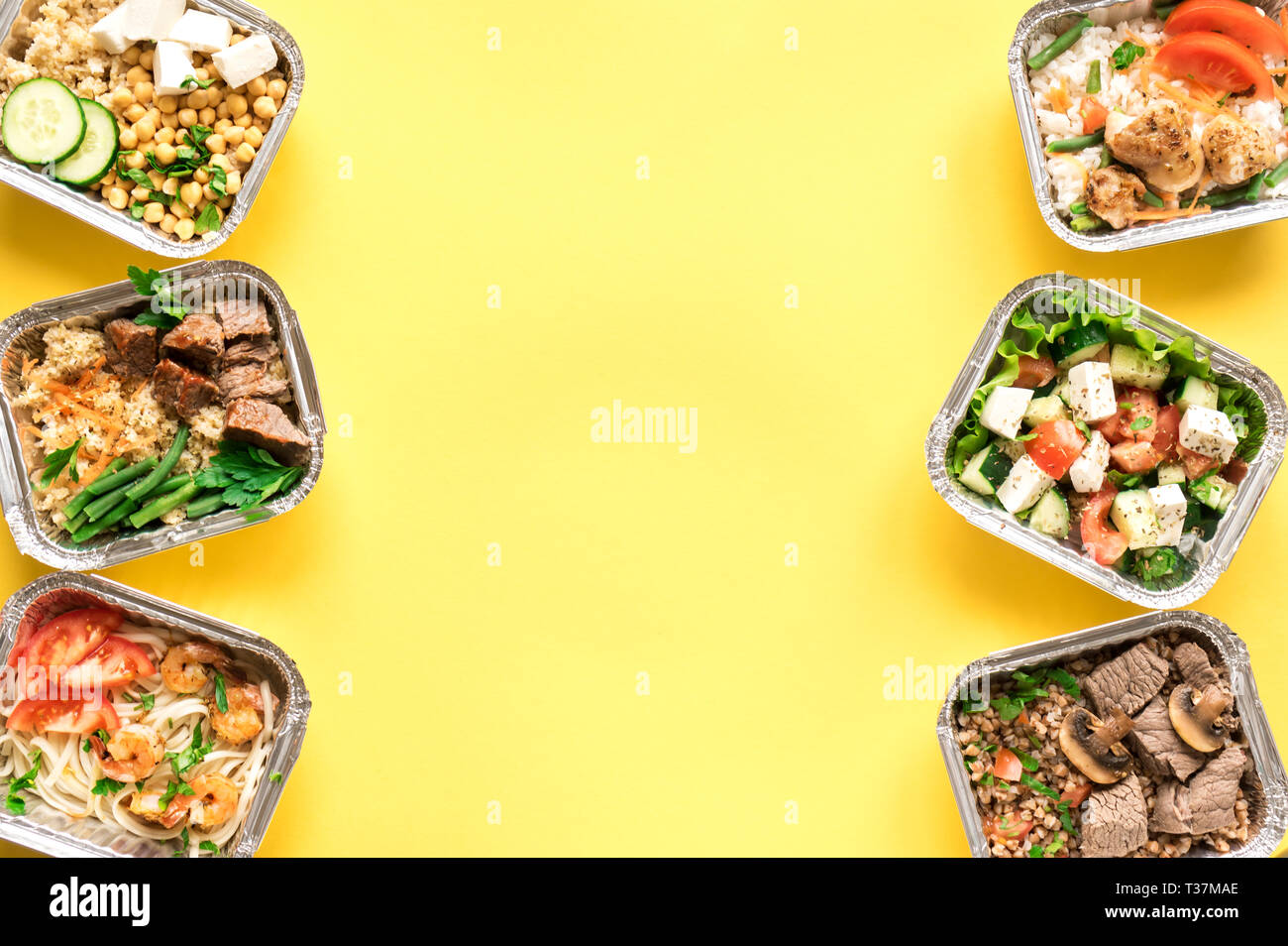 Download Daily Meals In Foil Boxes On Yellow Background Top View Copy Space Healthy Food Delivery Concept Fitness Nutrition For Diet Stock Photo Alamy Yellowimages Mockups