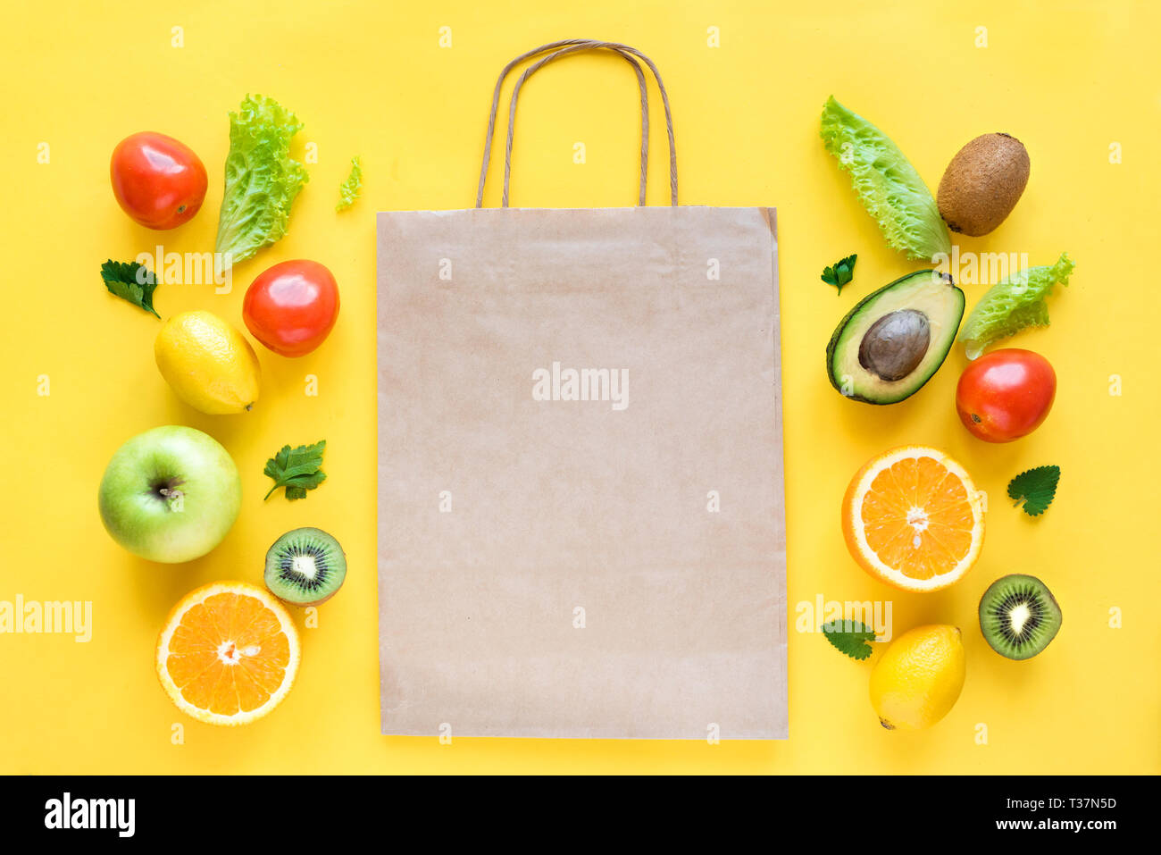 Download Healthy Food Background Healthy Food And Paper Bag Vegetables And Fruits On Yellow Copy Space Shopping Food Supermarket Concept Stock Photo Alamy Yellowimages Mockups