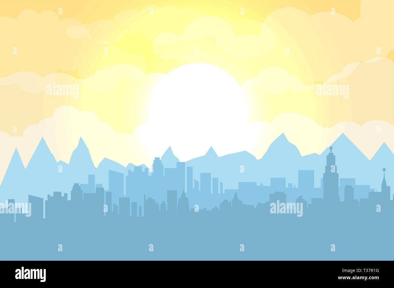 Morning city skyline. Buildings silhouette cityscape with mountains. Big city streets. Fog over city. Yellow sky with sun and clouds. Vector illustrat Stock Vector