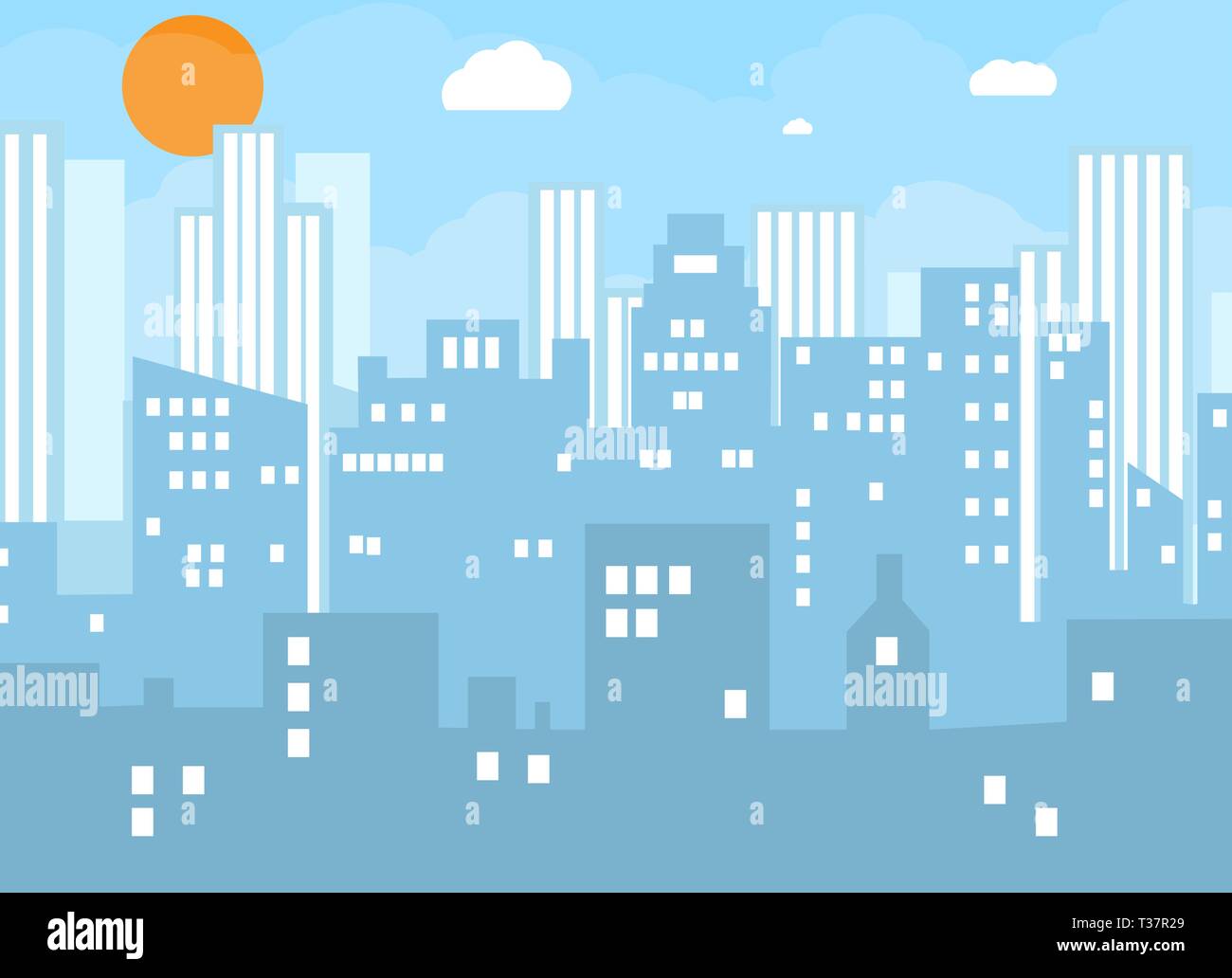 Day city skyline. Buildings silhouette with windows cityscape with clouds. Big city streets. Blue sky with white clouds. Vector illustration Stock Vector