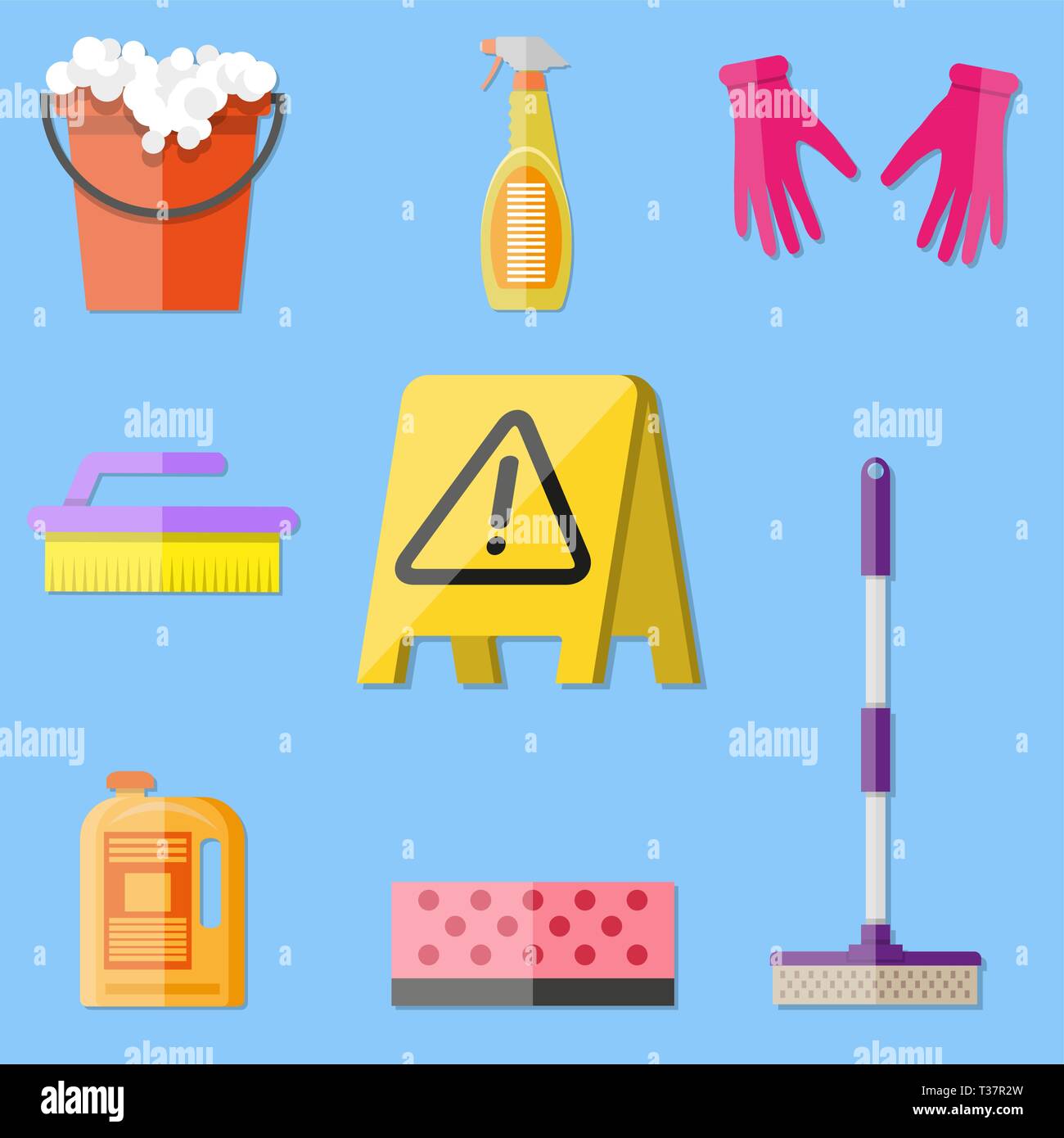 Cleaning set. MOP, sponge, red plastic bucket, cleaning products in