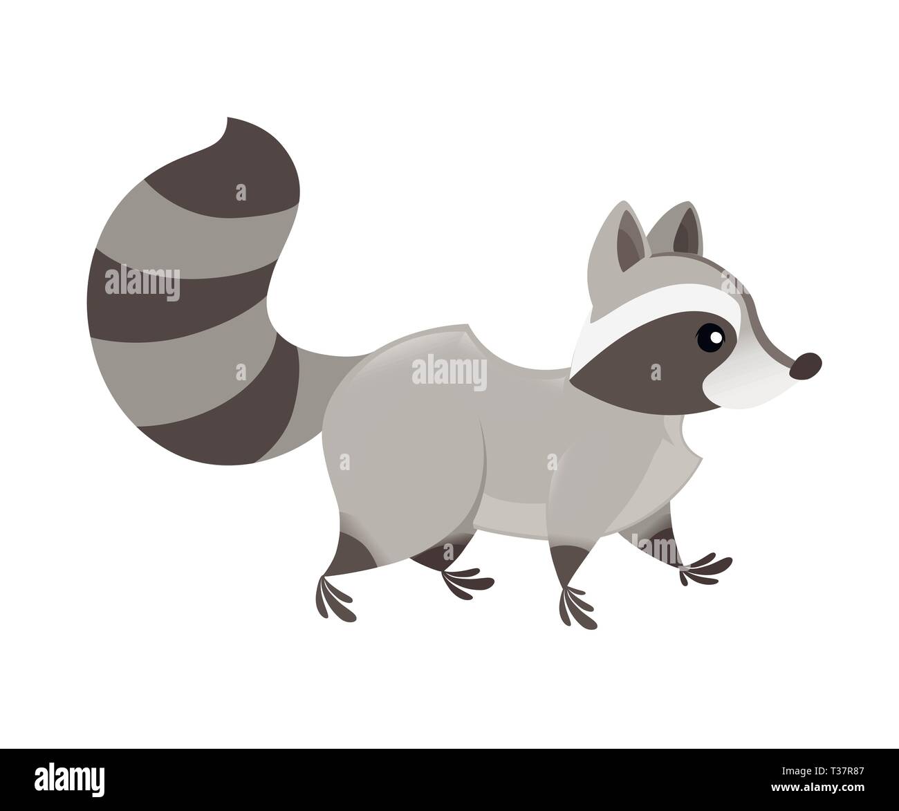 Cute cartoon raccoon walk, side view. Cartoon animal character design. Flat vector illustration isolated on white background. Stock Vector