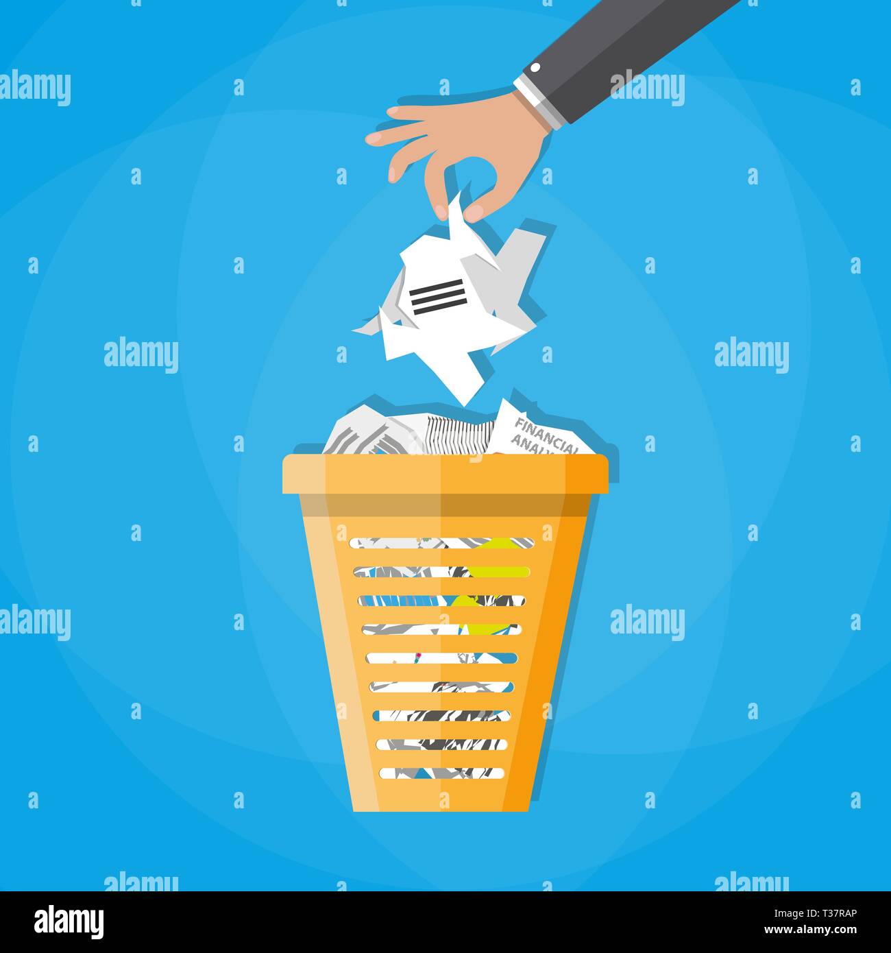 Cartoon businessman hand put paper in office trash recycle bin for