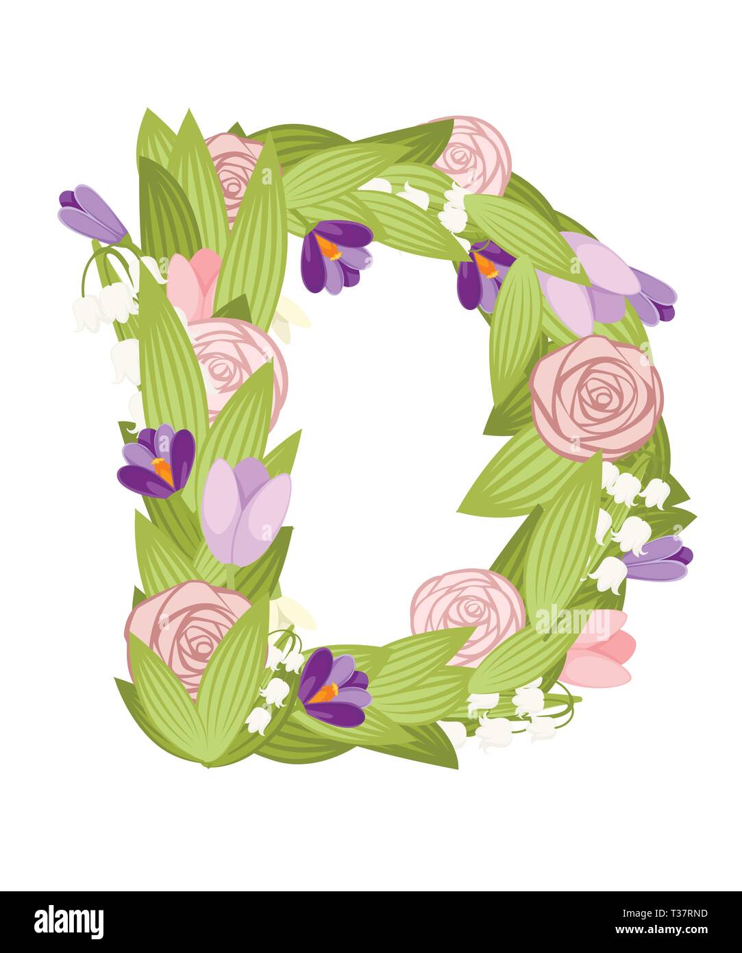 D letter. Cartoon flower font design. Letter with flowers and leaves. Flat vector illustration isolated on white background. Stock Vector
