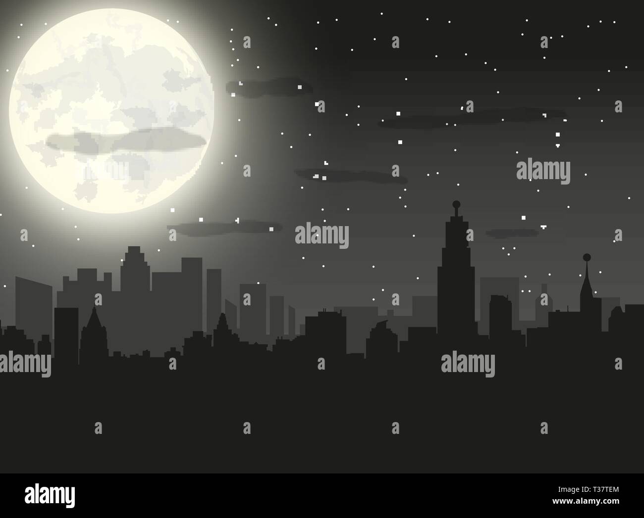 Silhouette of the city with cloudy night sky, stars and full moon ...