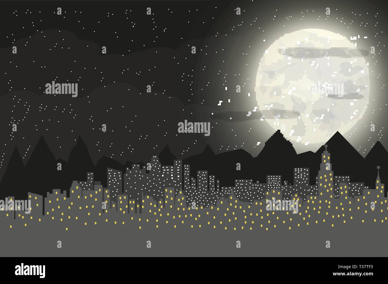 Silhouette Of The City And Mountains With Cloudy Night Sky Stars And Full Moon Vector Illustration Stock Vector Image Art Alamy