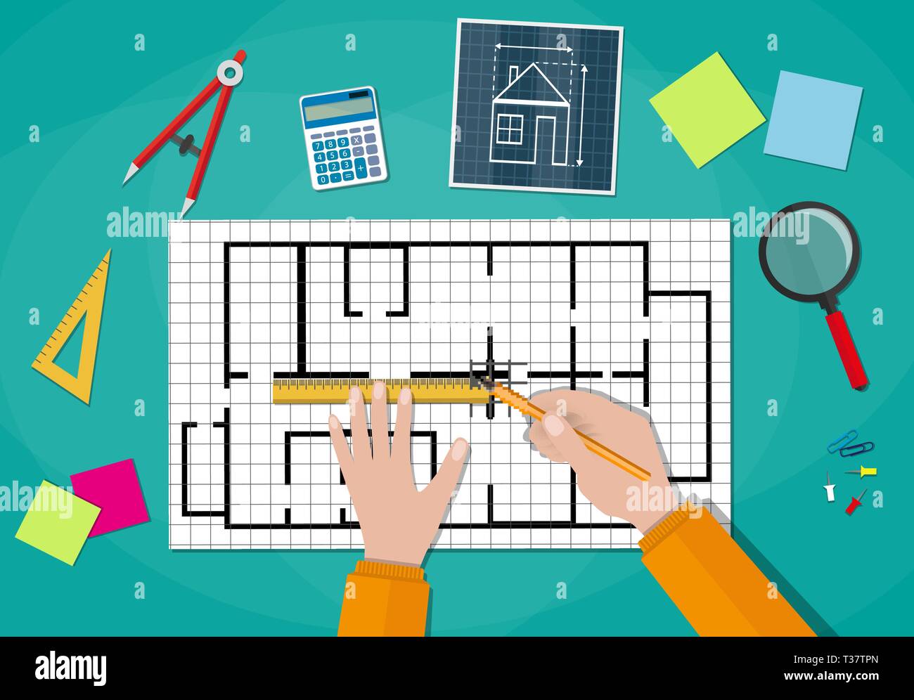 Engineer hands working on blueprint. Engineering drawing project