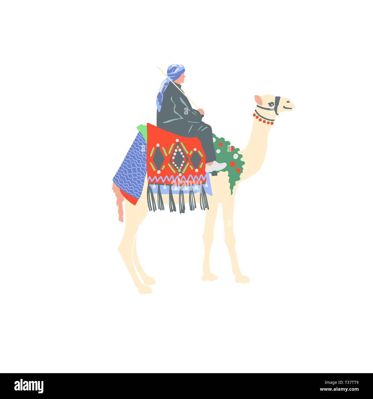 egyptian camel decorated with bright carpets and ornaments in minimalistic hand drawing style, vector illustration Stock Vector