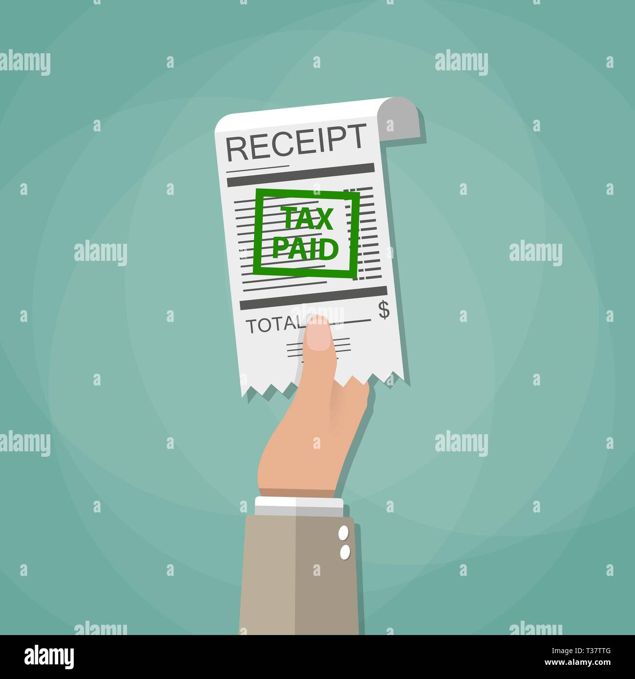 Hand holding receipt with green stamp tax paid. paying taxes concept. vector illustration in flat style on green background Stock Vector
