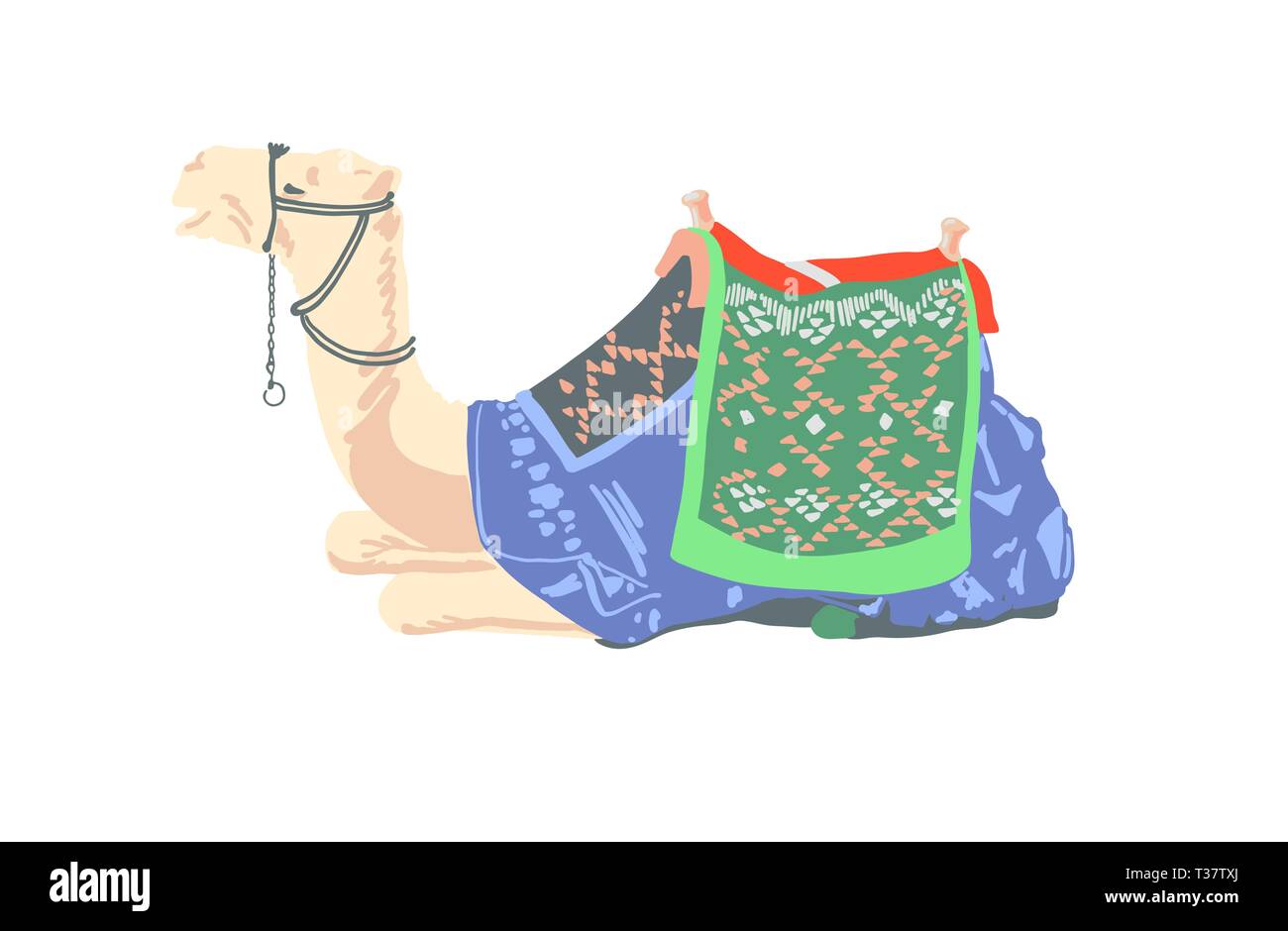 egyptian camel decorated with bright carpets and ornaments in minimalistic hand drawing style, vector illustration Stock Vector