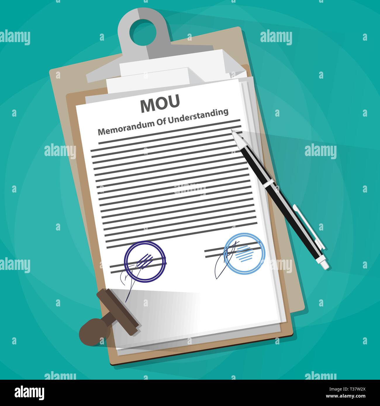 Agreement mou memorandum of understanding legal document concept, contract, documents folder, pencil and stamp. vector illustration in flat design on  Stock Vector