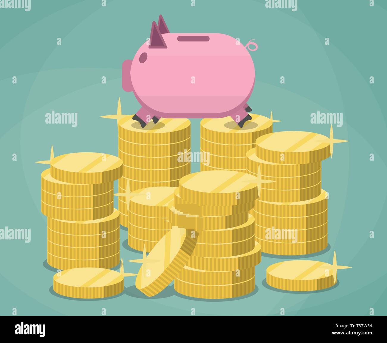 Pink piggy bank and stacks of gold coins on green background. savings ...