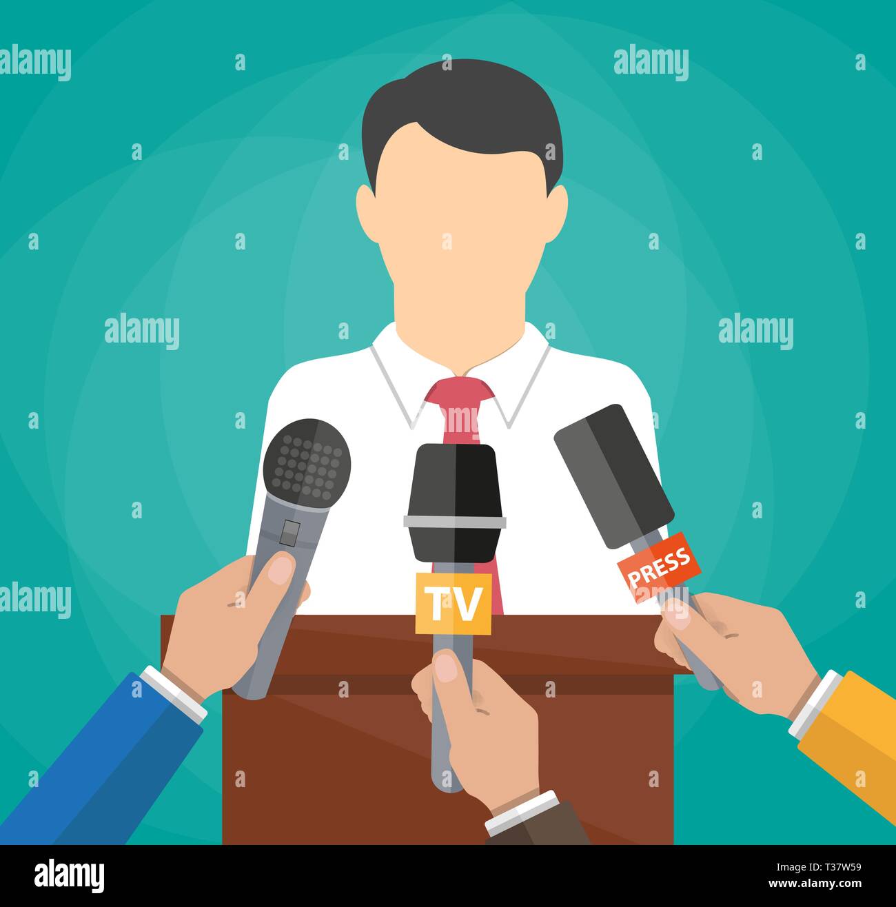 Public speaker and hands of journalists with microphones. Press