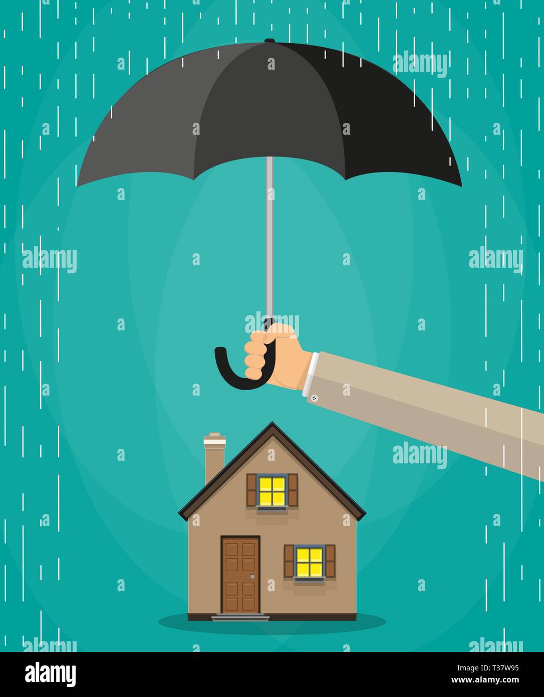 Cartoon living house protection concept, agent hand holding umbrella