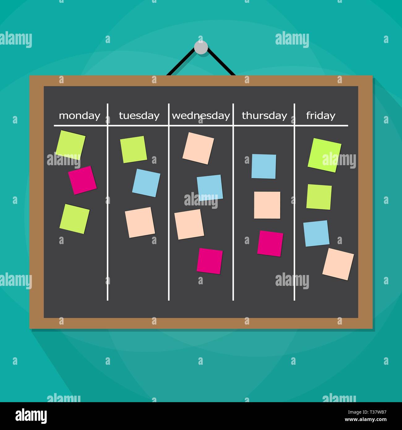 Scrum task board hanging on wall full of tasks on sticky note cards. Development, team work, agenda, to do list. vector illustration in flat style on  Stock Vector