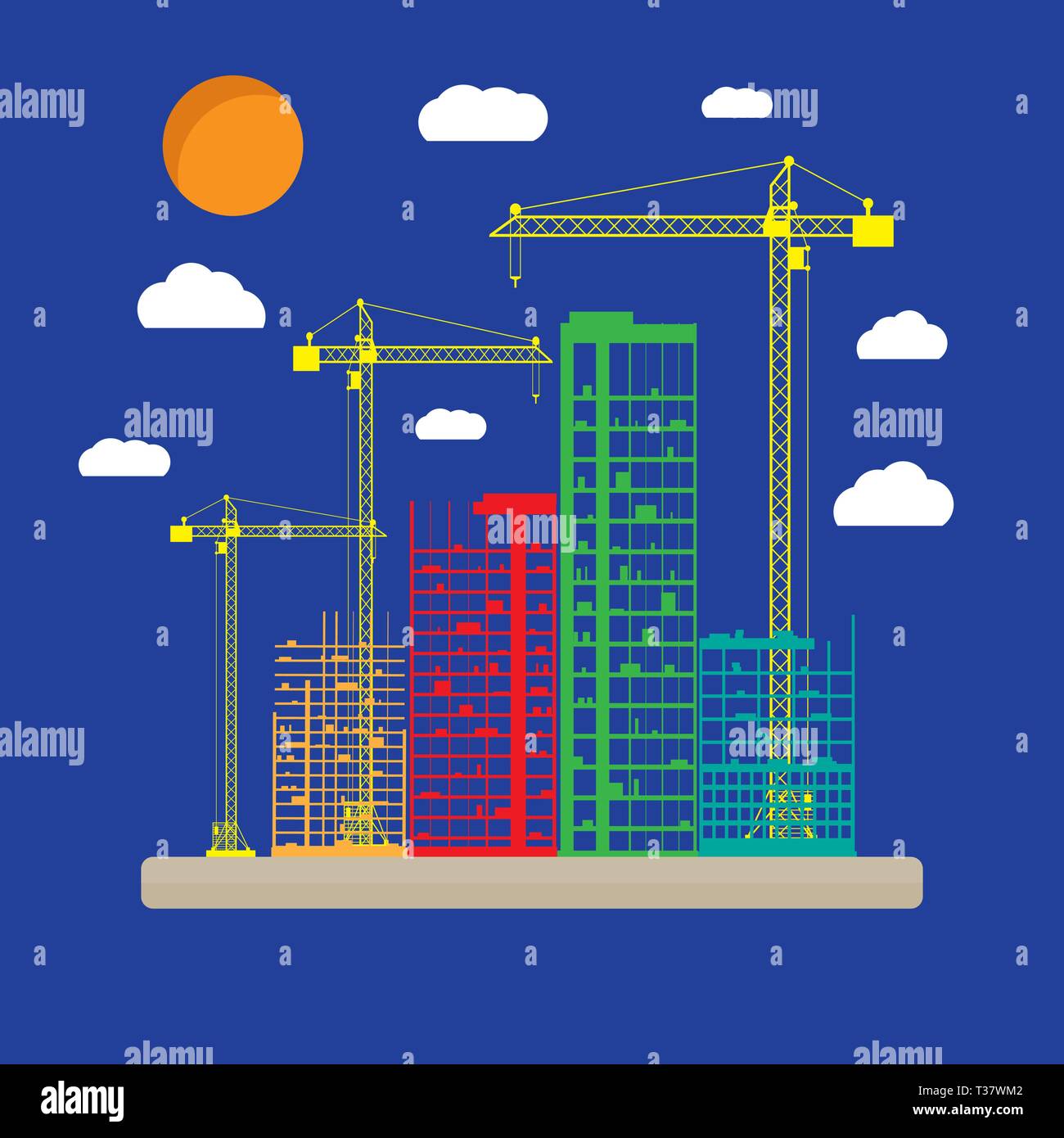 Construction site icon with buildings and cranes. skyscraper under ...