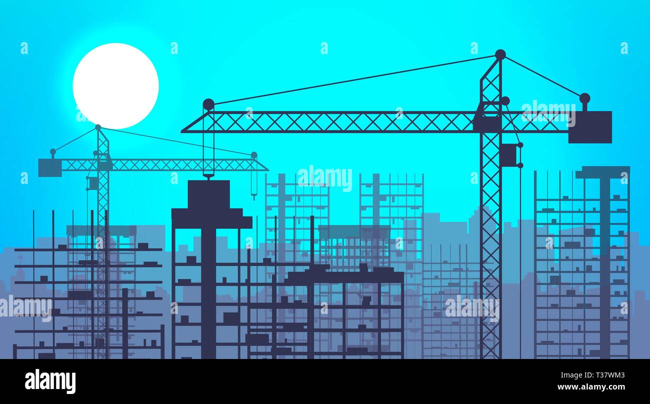 Construction site with buildings and cranes. skyscraper under construction.  vector illustration on blue sky background with sun Stock Vector Image &  Art - Alamy