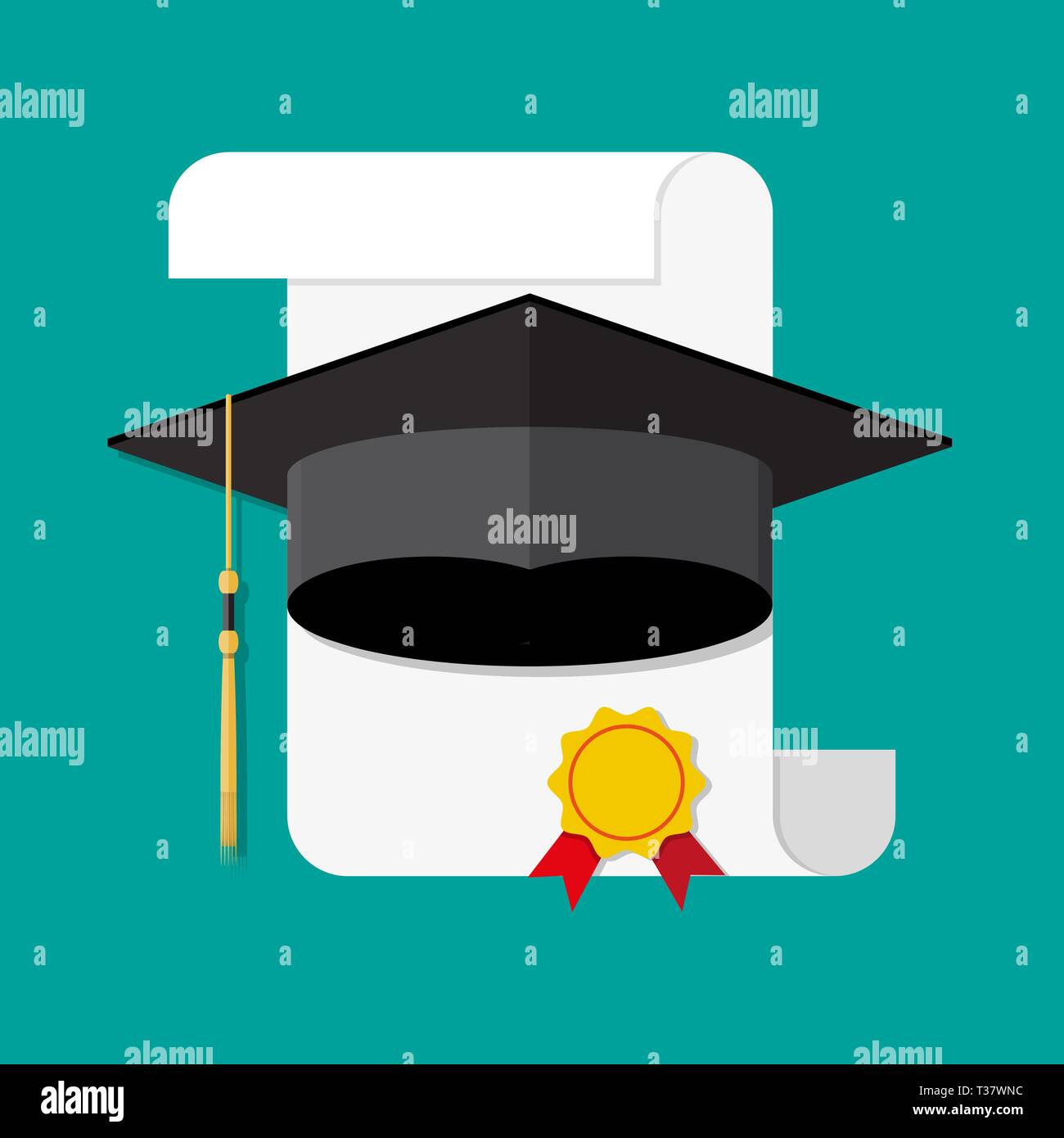 White unrolled paper diploma scroll with yellow stamp, red ribbons and