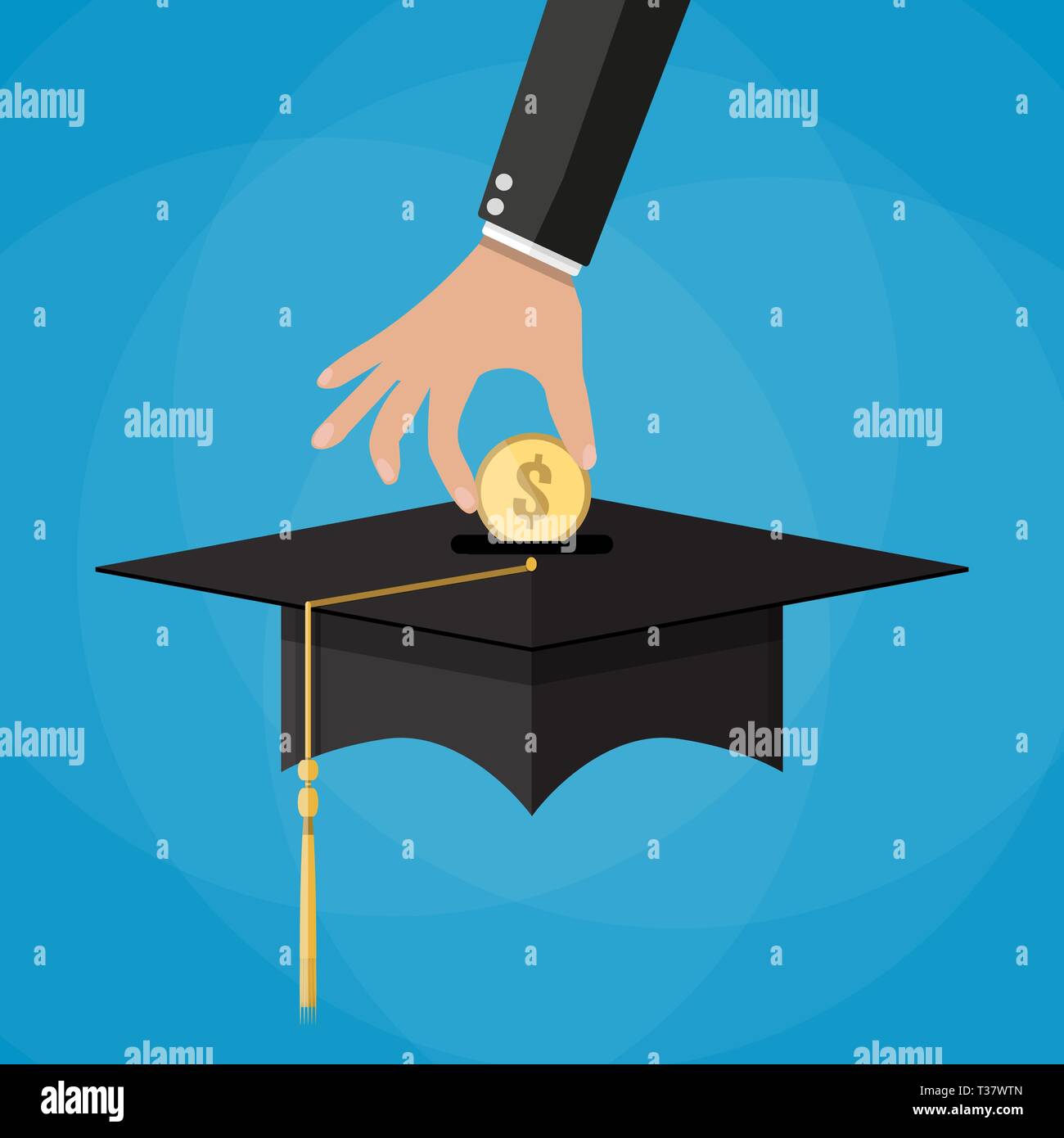 hand put gold coin in graduation cap. education savings and investmet concept on blue backgound