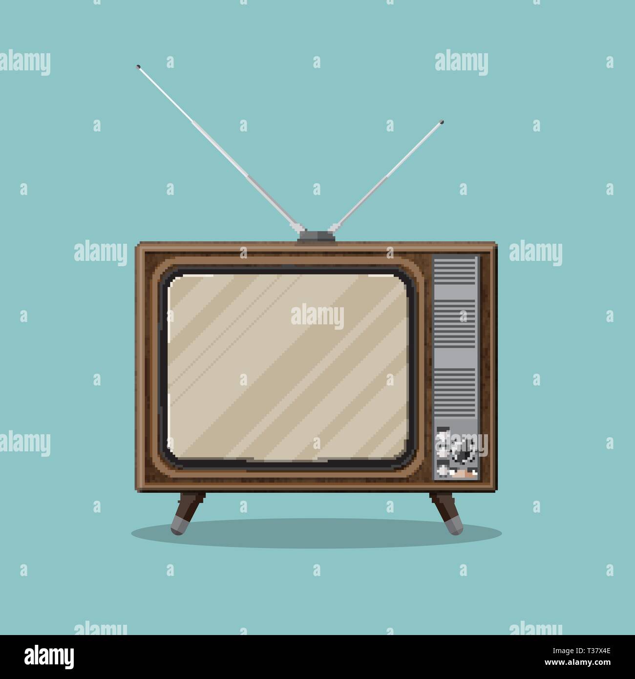 Vintage retro TV with antenna and empty screen in wooden case. vector ...