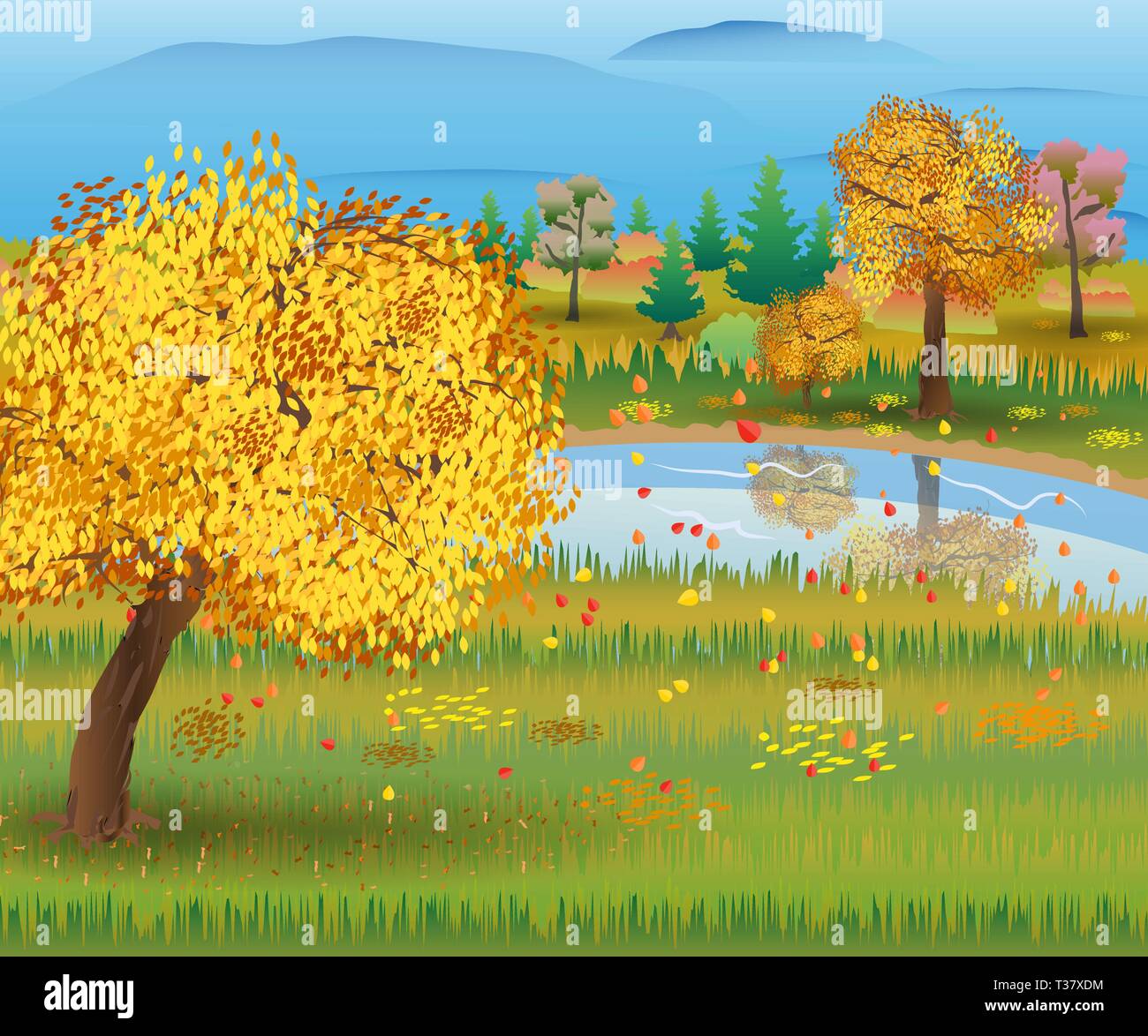 Autumn nature landscape with forest and lake. vector illustration Stock ...
