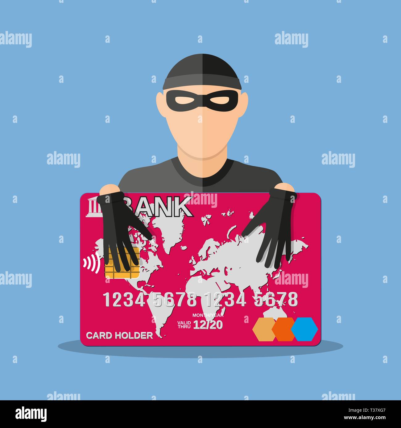 A thief with a credit card. anti fraud, internet security, safety payments, vector illustration in flat style on blue background Stock Vector