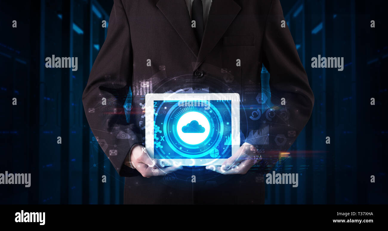 Hand holding tablet with cloud technology and dark concept Stock Photo ...