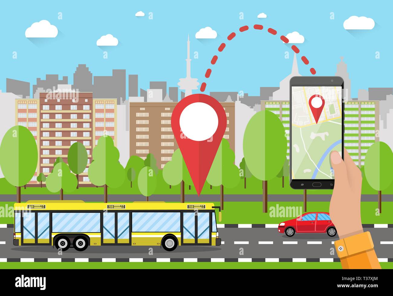 Hand holds smartphone or tablet pc with navigation app against ...